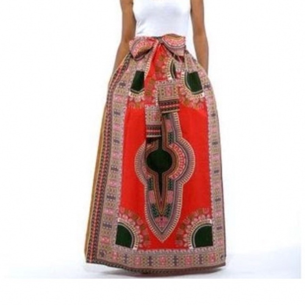 D'IYANU Dashiki Boho Tribal Maxi Skirt African Print Sz M Red Cotton Ethnic